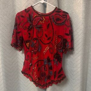 Laurence Kazar Red and Black Embellished Blouse